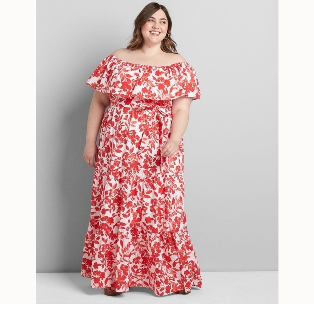 Lane Bryant Red Floral Off the Shoulder Maxi Dress